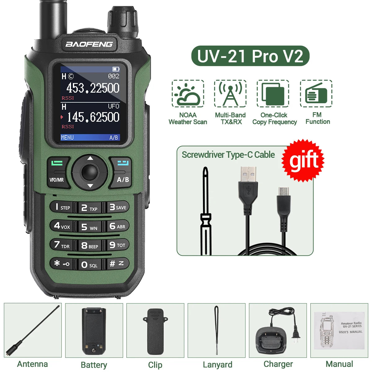 Baofeng UV-21 Pro V2 Air Band Walkie Talkie Wireless Copy Frequency AM Type-C Long Range Upgrade UV-5R Ham Radio