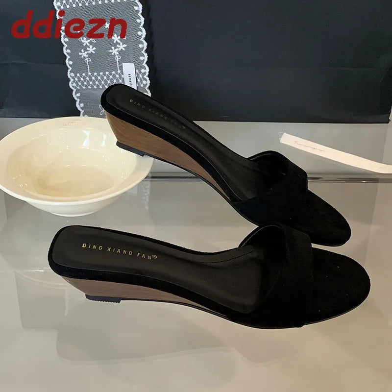 Flock Fashion Round Toe Women Wedges Slippers Sandals Shoes Luxury Female Slides Footwear Sexy Ladies Heeled Slippers Shoes