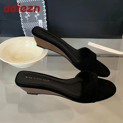 Flock Fashion Round Toe Women Wedges Slippers Sandals Shoes Luxury Female Slides Footwear Sexy Ladies Heeled Slippers Shoes