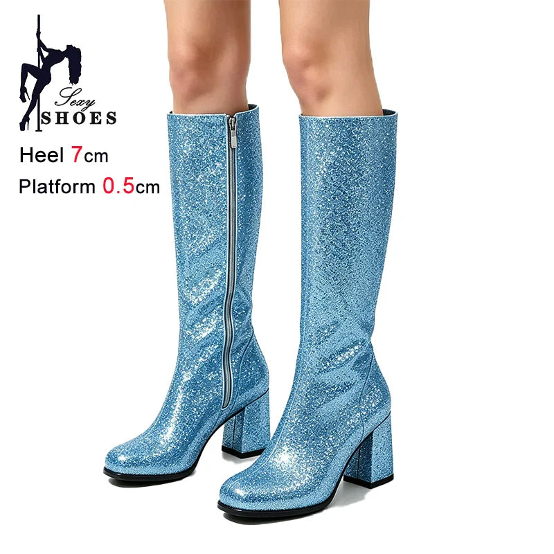 7CM Block Heel Pink Glitter Knee High Boots Women Square Toe Side Zipper Fashion Long Shoes Party Nightclub Long Pipe Booties