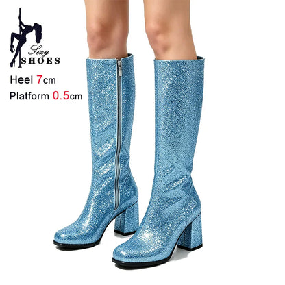 7CM Block Heel Pink Glitter Knee High Boots Women Square Toe Side Zipper Fashion Long Shoes Party Nightclub Long Pipe Booties