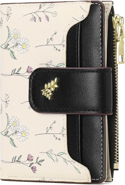 Small Wallets for Women Leather foldable Zipper Pocket Wallet Cute Flower Credit Card Holder Coin Purse with ID Window
