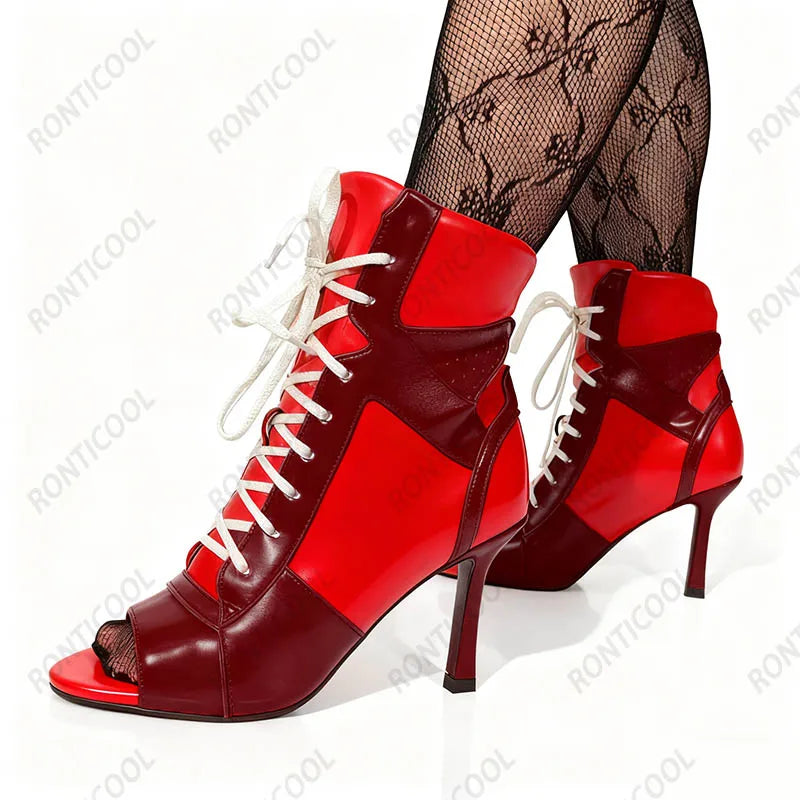 Ronticool Handmade Peep Toe Ankle Boots - Black and White Leather High Heel Shoes with Lace Up Design Size 36-43