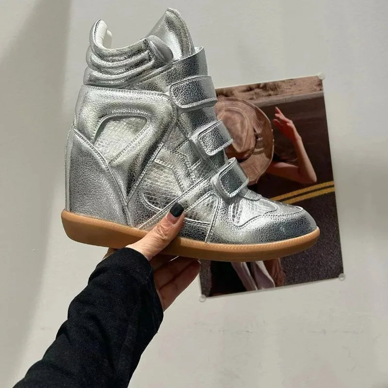 Women's Ankle Boots 2026 New Genuine Leather 8CM Hidden Heel Women Platform Sneakers Fashionable Splice Color Design Women Shoes