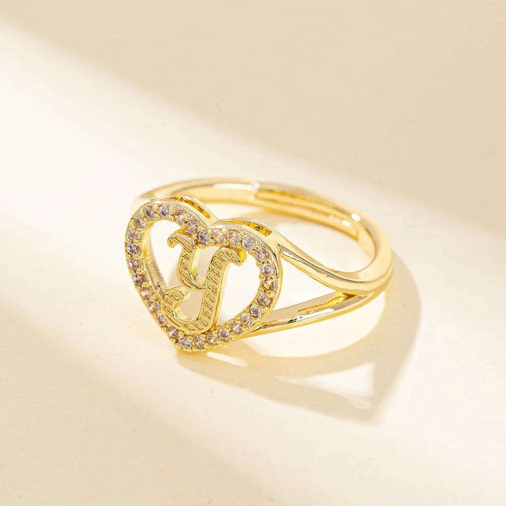 White Zircon 26 Letters A-Z Love Heart Open Adjustable Rings For Women Gold Silver Color Wedding Band Jewelry Mother's Day Gifts
