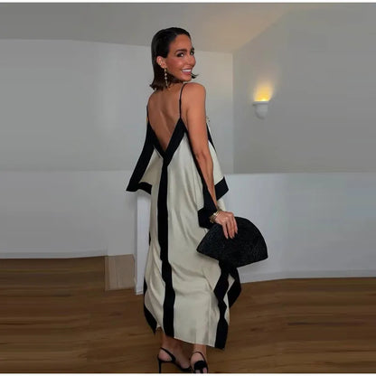 Contrast Black Trim Satin Cami Maxi Dress Deep V Neck Loose Flowy Ruffle Hem Lady Long Gown 2026 Summer Formal Vacation Dresses