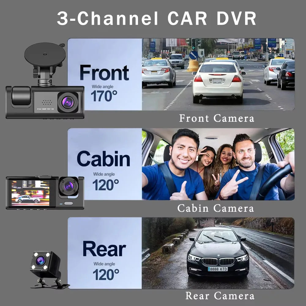 WiFi 3 Channel Car DVR Three Way Dash Cam Inside Vehicle Camera DVRs Recorder FHD 1080P Video Mini Registrator Dashcam Camcord