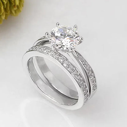 925 Sterling Silver Bright 6 Claws Cubic Zirconia Rings Set for Women Elegant Gorgeous 2Pcs/Set Wedding Band Jewelry Trendy