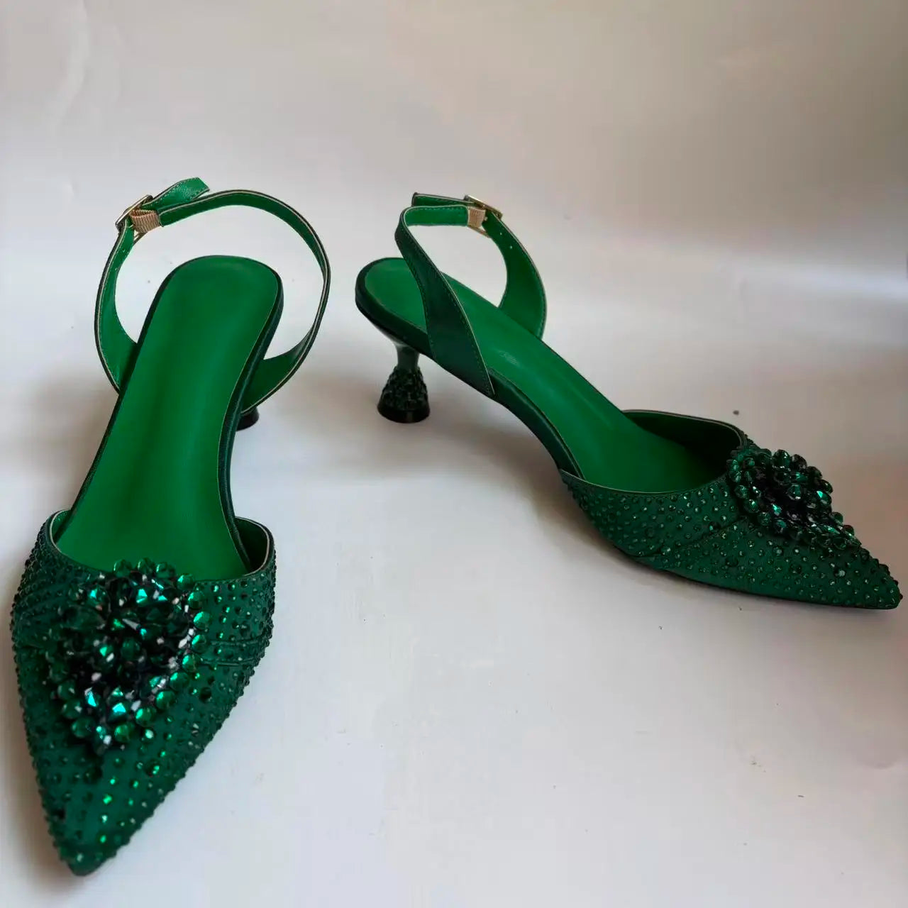 Insightlink Green Crystal High Heel with Bag Set for Bridal Wedding Party Designer Pointed Toe and Clutch Luxury Sandal Handbag