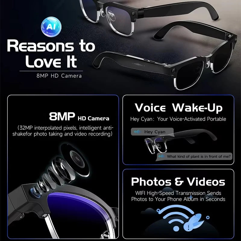2026 New Smart AI Glasses AI Intelligent Translation 4K Ultra HD 8MP HD Camera AI Voice Wake-up Photo Recording AI Smart Glasses