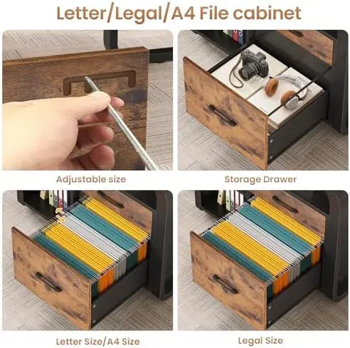 61" Executive L Shaped Desk with Drawer for Home Office,Rustic Brown | Executive Desk with Storage Shelves,Office Desk