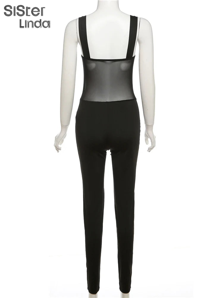 Sisterlinda Mesh Patchwork Hipster Jumpsuit Women Sleeveless Single-Breasted Elegant Sexy Midnight Workout Overalls Clubwear2024