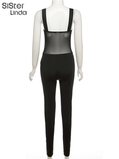 Sisterlinda Mesh Patchwork Hipster Jumpsuit Women Sleeveless Single-Breasted Elegant Sexy Midnight Workout Overalls Clubwear2024