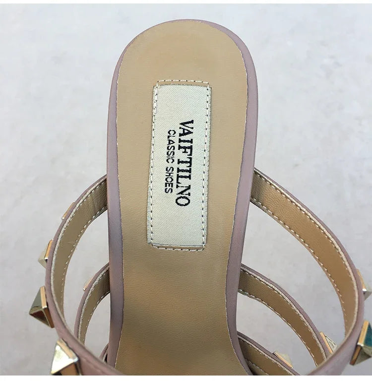 Women's sandals luxury Brand Shoes Woman 2025 trend Ankle Strap Summer Rivets High Heels Slippers Design Pointed Toe Sexy party