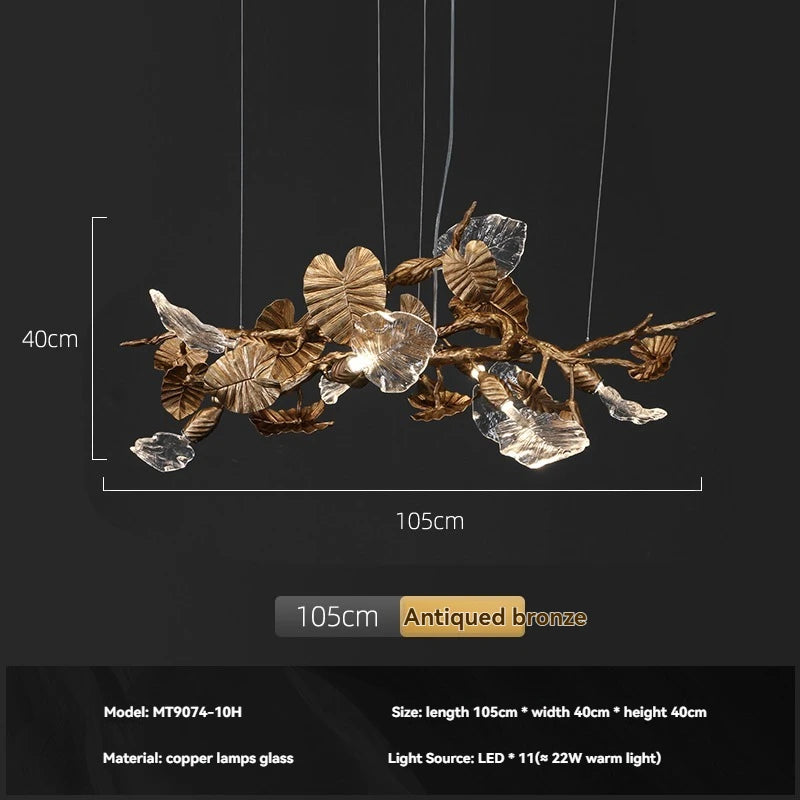 Luxury Copper Branch Chandelier Dining Table Retro Restaurant Light with Leaf Crystal Pendant Lamp Living Room Bar Kitchen Vila