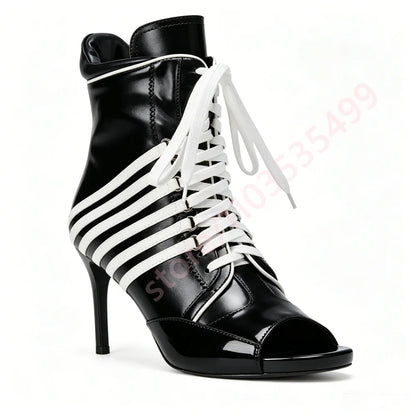 2026 Summer New Style Striped Peep Toe Ankle Boots Women Front Lace Up Thin Stiletto High Heel Fashion Streetwear Booties