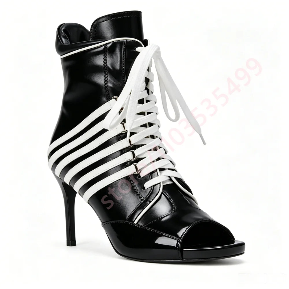 2026 Summer New Style Striped Peep Toe Ankle Boots Women Front Lace Up Thin Stiletto High Heel Fashion Streetwear Booties