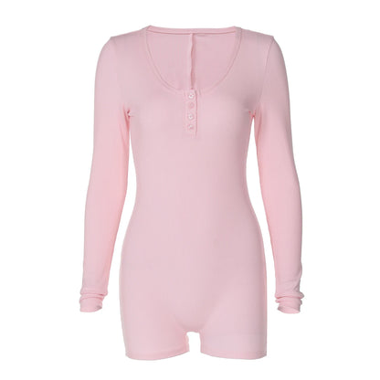 Hugcitar Spring Ribbed Solid Square Collar Long Sleeve Buttons Sexy Bodycon Skinny Playsuit Women Casual Romper Streetwear Sport