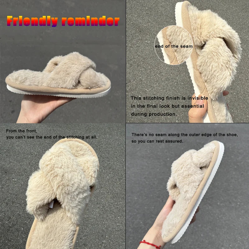 Cross Warm Fluffy Furry Slippers Women Lightweight Flat Heels Fur Slides Woman Autumn Winter Open Toe Non Slip Home Floor Shoes