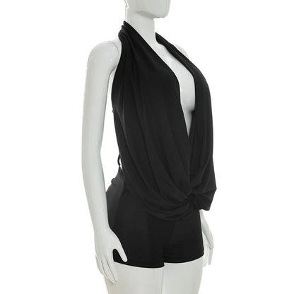 Chic Monokini with Pure Color, Over-the-Shoulder Draped Back Tie-Up Shorts