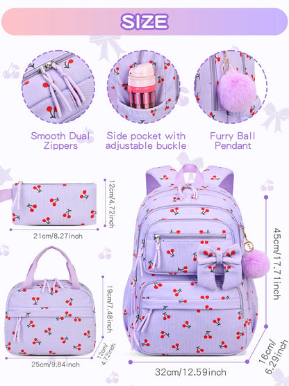 2026 High Quality Corduroy Three Piece Backpack with Cherry Pattern Princess Large Capacity Lightweight School Bag mochilas