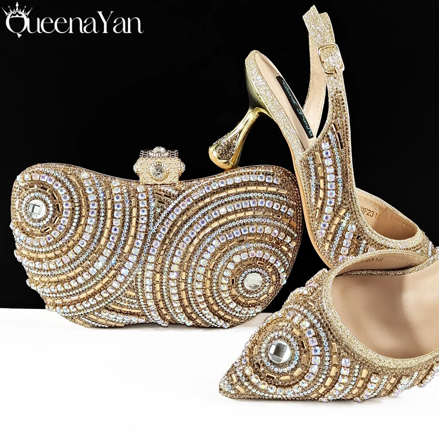 Queena Yan High-end Matching Women's Shoes with Diamond Hard Box Bag Popular in Nigeria Party Women's High Heels