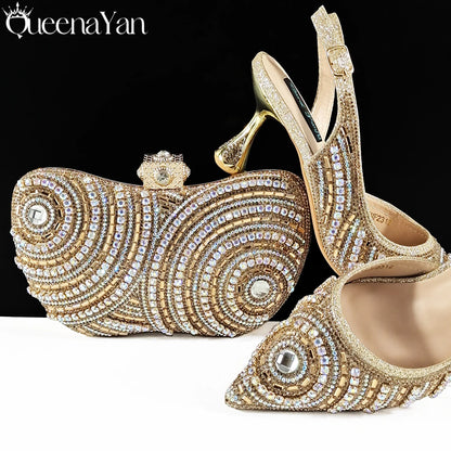 Queena Yan High-end Matching Women's Shoes with Diamond Hard Box Bag Popular in Nigeria Party Women's High Heels