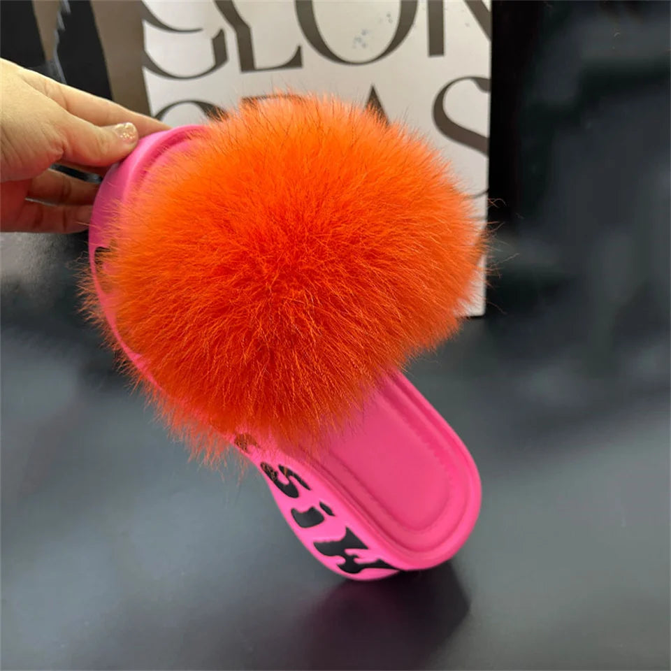 Real Fox Fur Slippers for Woman Luxury 2025 Slippers Summer Woman Sandals Thick Sole Pink Fur Slippers Fluffy Slides for Woman