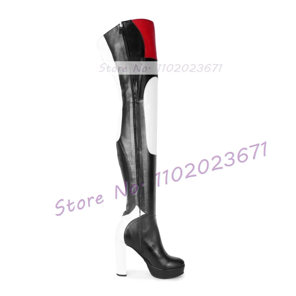 Colorful Patchwork Platform Thigh High Boots Women Sexy Catwalk Slim Round Toe Shoes Female Block High Heel Motorcycle Boots