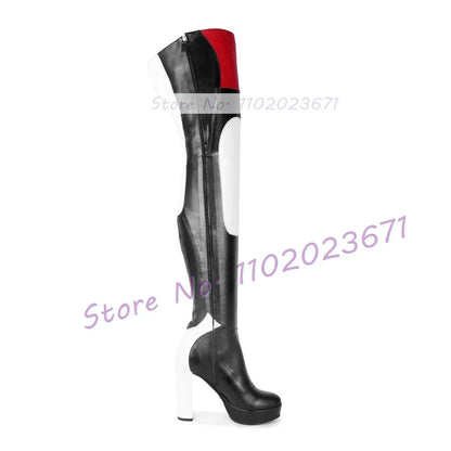 Colorful Patchwork Platform Thigh High Boots Women Sexy Catwalk Slim Round Toe Shoes Female Block High Heel Motorcycle Boots
