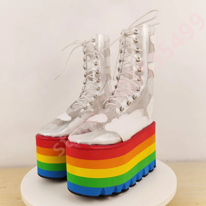 Rainbow Thick Sole Clear Pvc Short Boots 2025 New Round Wedge Heel Street Punk Cross-Lace Stage Boots Fashion Party Casual Boots