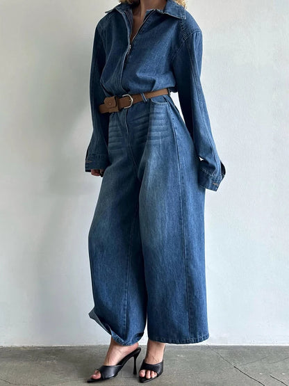 Casual Denim Long Jumpsuits Women Lapel Long Sleeves Zipper Belts Loose Pants Bodysuits Female 2026 Autumn New Chic Streetwears