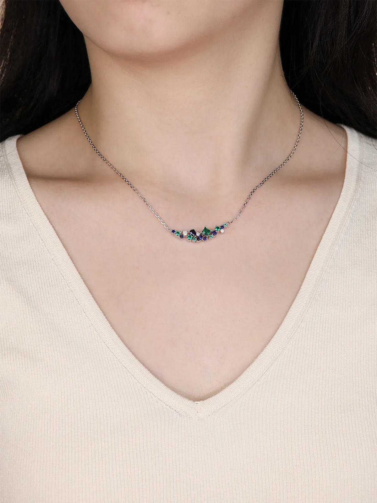 XCY Mixed Cut Lab Sapphire Emerald Moissanite Necklace for Women 925 Silver Curved Cluster Pendant Anniversary Fine Jewelry Gift