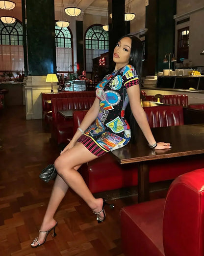 2025 Summer New Women's Fashion Street Printed Round Neck Short Sleeved Dress