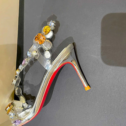 New silver rhinestone transparent straight strap sandals with slim heels and exposed toes, fashionable and stylish crystal shoes