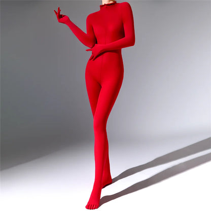 Plus Size Sexy Women 120D Five Finger Glove Sleeve Bodysuit Seamless Tight Warm High Elastic Shaping Cosplay Unisex Fit Jumpsuit