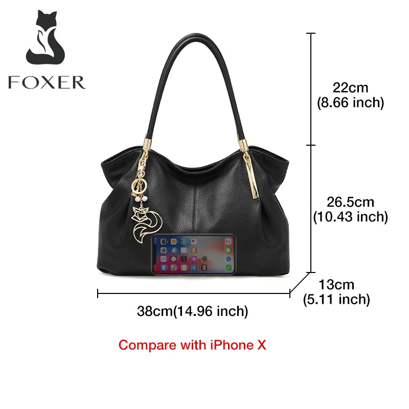 FOXER 2026 New Women's Shoulder Bag Genuine Leather Elegant Female Tote Large Bag Fashion Handbag Commuter Luxury Gift