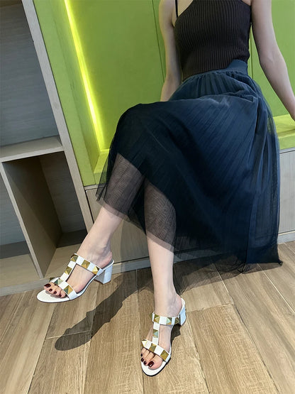 Women's Heels Sandals Gladiator Summer Luxury Brand Designer Rivets Open Toe Slipper Slingbacks Comfortable Ladies Shoes Women