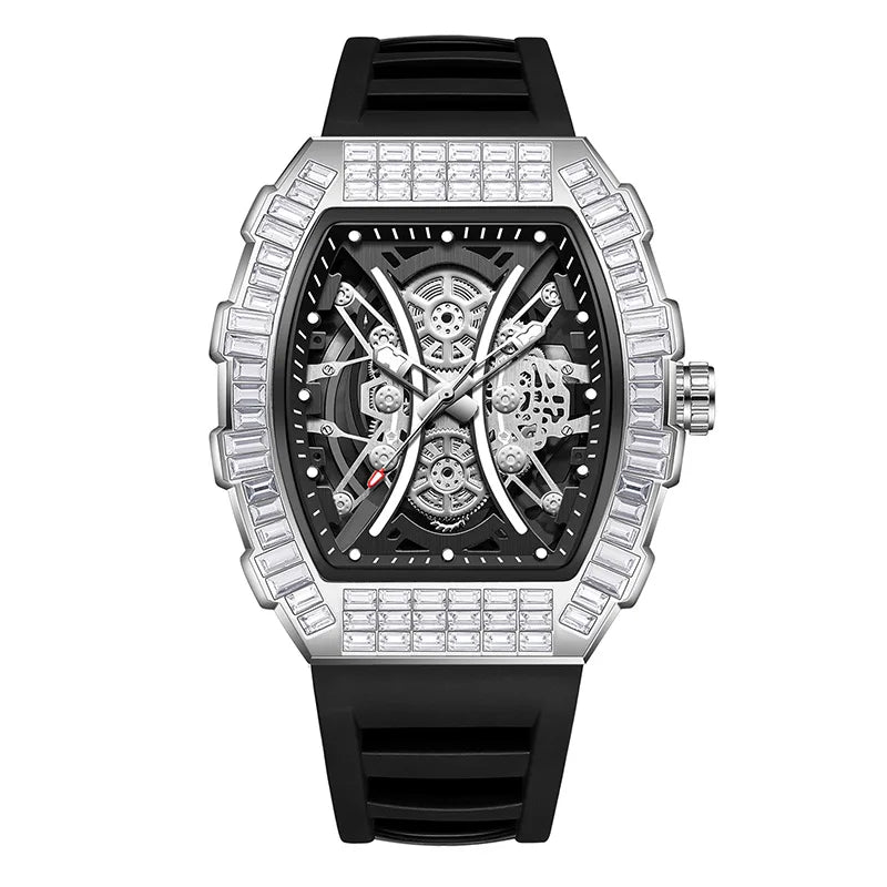 Classic Tonneau Full Diamond Case Quartz Watch Mens Fashion Top Casual Dial Rubber Personalize Watches  AAA Male Clock Relogio