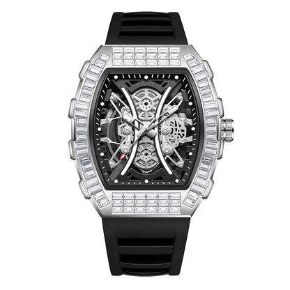 Classic Tonneau Full Diamond Case Quartz Watch Mens Fashion Top Casual Dial Rubber Personalize Watches  AAA Male Clock Relogio