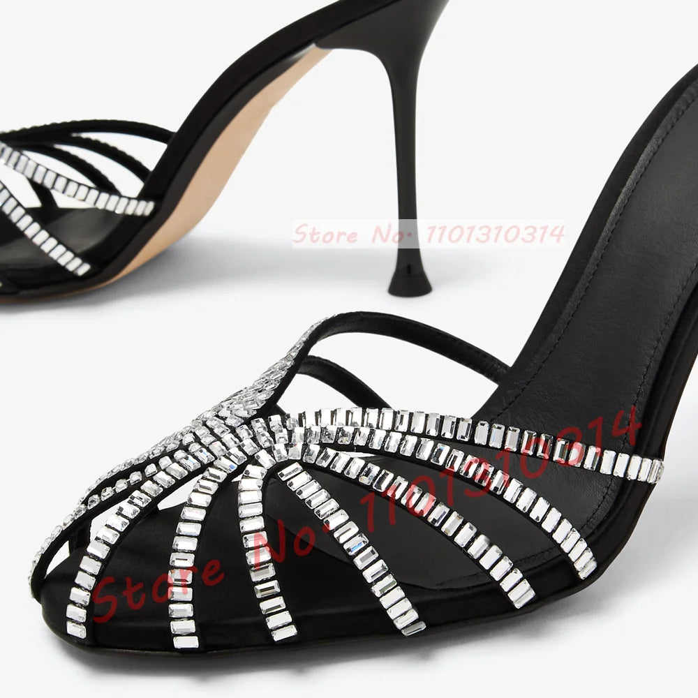 Gemstone High Heel Silk Slippers Women Luxury Caged Stiletto Heels Metallic Slippers Ladies Stylish Cross Strap Summer Shoes