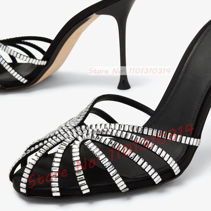 Gemstone High Heel Silk Slippers Women Luxury Caged Stiletto Heels Metallic Slippers Ladies Stylish Cross Strap Summer Shoes
