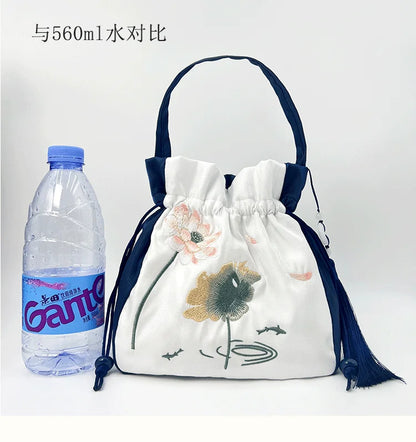 Chinese Style Retro Flower Embroidery Crossbody Top-handle Bags Women Shoulder Lace Drawstring Bucket Bag Coin Purses Handbags