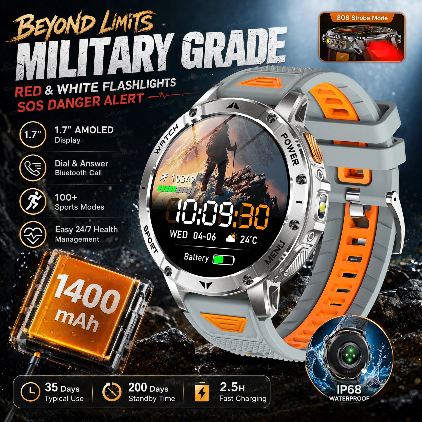 TANK Ultra Outdoor Smartwatch 1400mAh Battery Military Watches Waterproof Two-color Tactical LED Flashlight Men Sports Bracelet