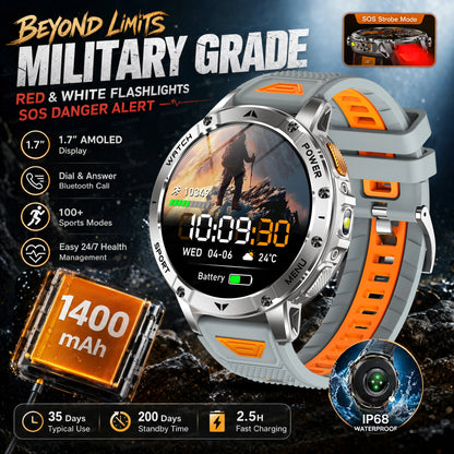 TANK Ultra Outdoor Smartwatch 1400mAh Battery Military Watches Waterproof Two-color Tactical LED Flashlight Men Sports Bracelet