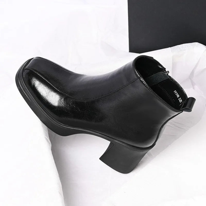 Women's Soft Sole Paneled Booties Winter New Square Toe Zip Non-Slip Heeled Leather Shoes