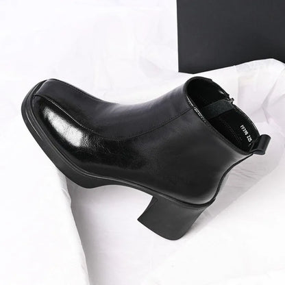 Women's Soft Sole Paneled Booties Winter New Square Toe Zip Non-Slip Heeled Leather Shoes