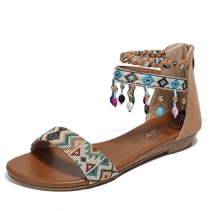 High quality leather flat sandals for women 2.5cm low heel vintage print new summer 2026 36 42 open toe casual shoe black brown