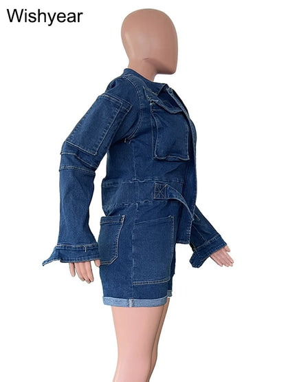Fashion Blue Bodycon Denim Short Playsuits Women's Long Sleeve Washed Cargo Pocket Jumpsuits Streetwear Overalls Autumn Rompers