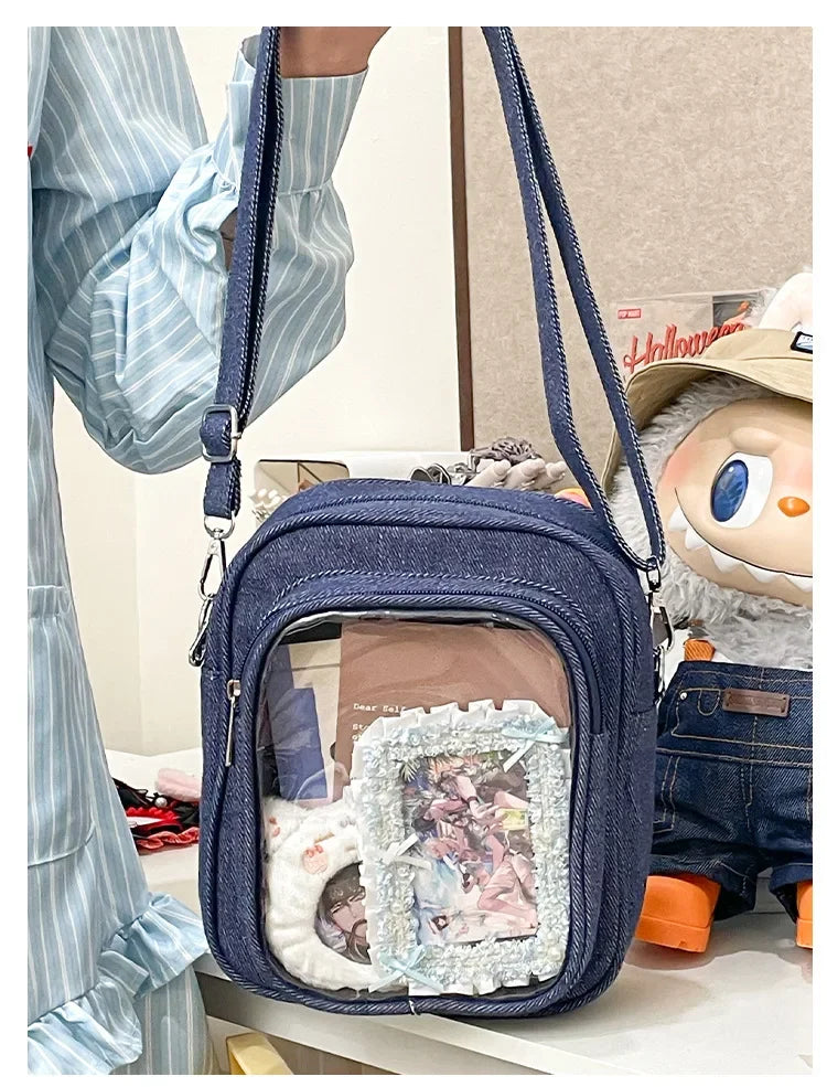 New Denim Ulzzang Ita Bags Female Transparent Badge Doll Show Crossbody Shoulder Bag Individuality Designer 2 Sides Bolso Mujer